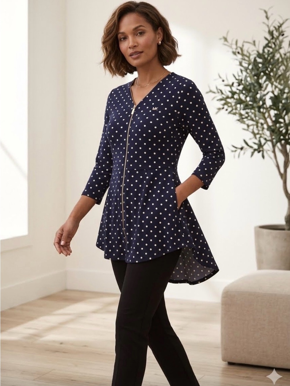 Navy Blue White Polka Dot Zip-Front Tunic Top